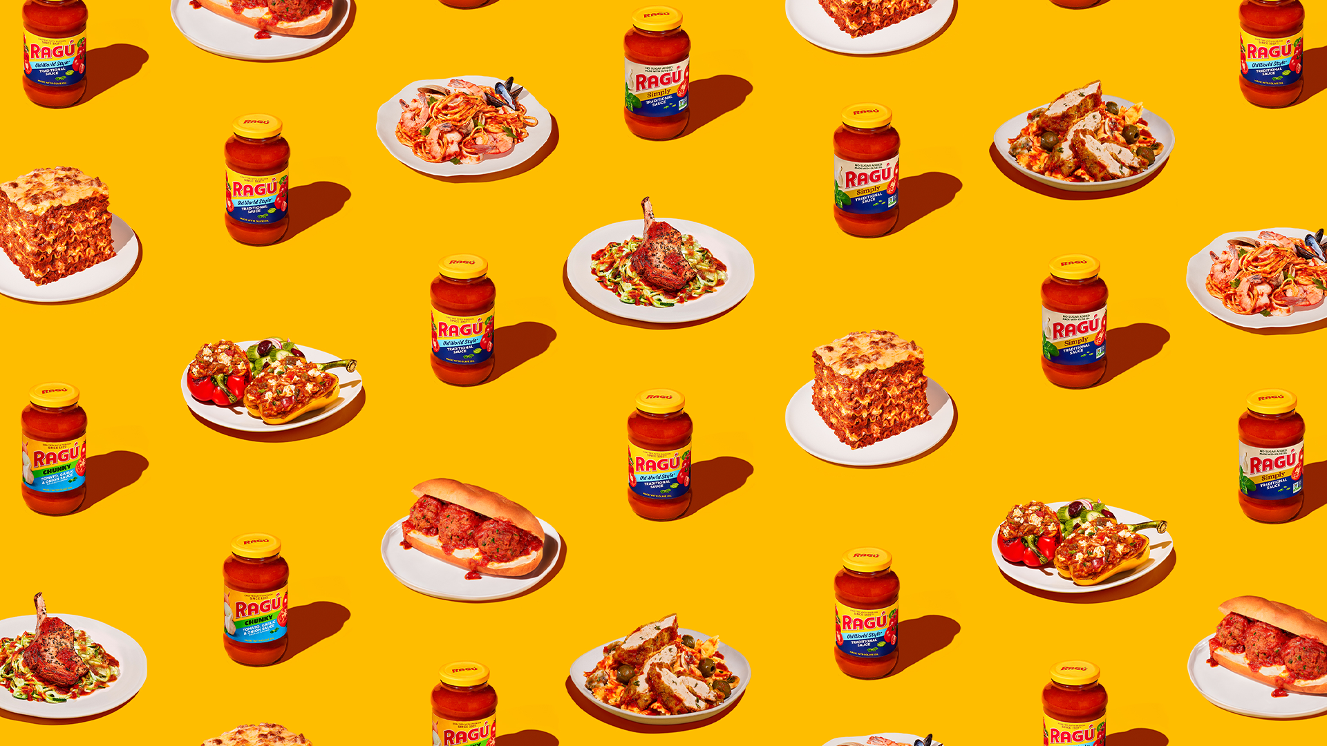 Yellow background with cans of Ragu and entrees